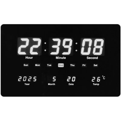 שעון דיגיטלי לשולחן או קיר עם תאורת LED לבנה ומערכת 12/24 שעות – מודרני, ברור ונוח לשימוש.